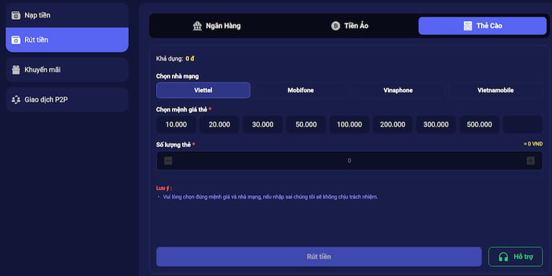 Rút thưởng Tin88 qua ngân hàng, thẻ cào